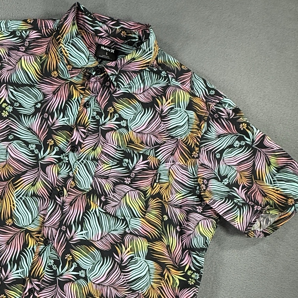 Hurley Hawaiian Shirt Mens Large Black Colorful Floral Print Stretch Button Up